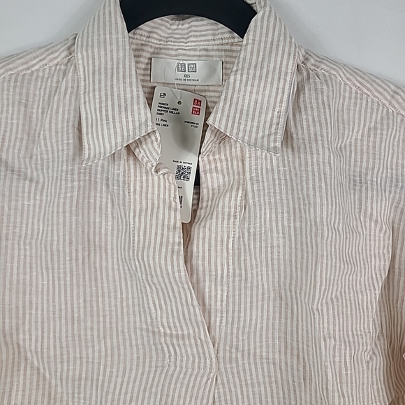 UNIQLO Women's 100% Linen Skipper Collar Shirt White Pink Stripes Popover Sz XXS - Picture 2 of 4